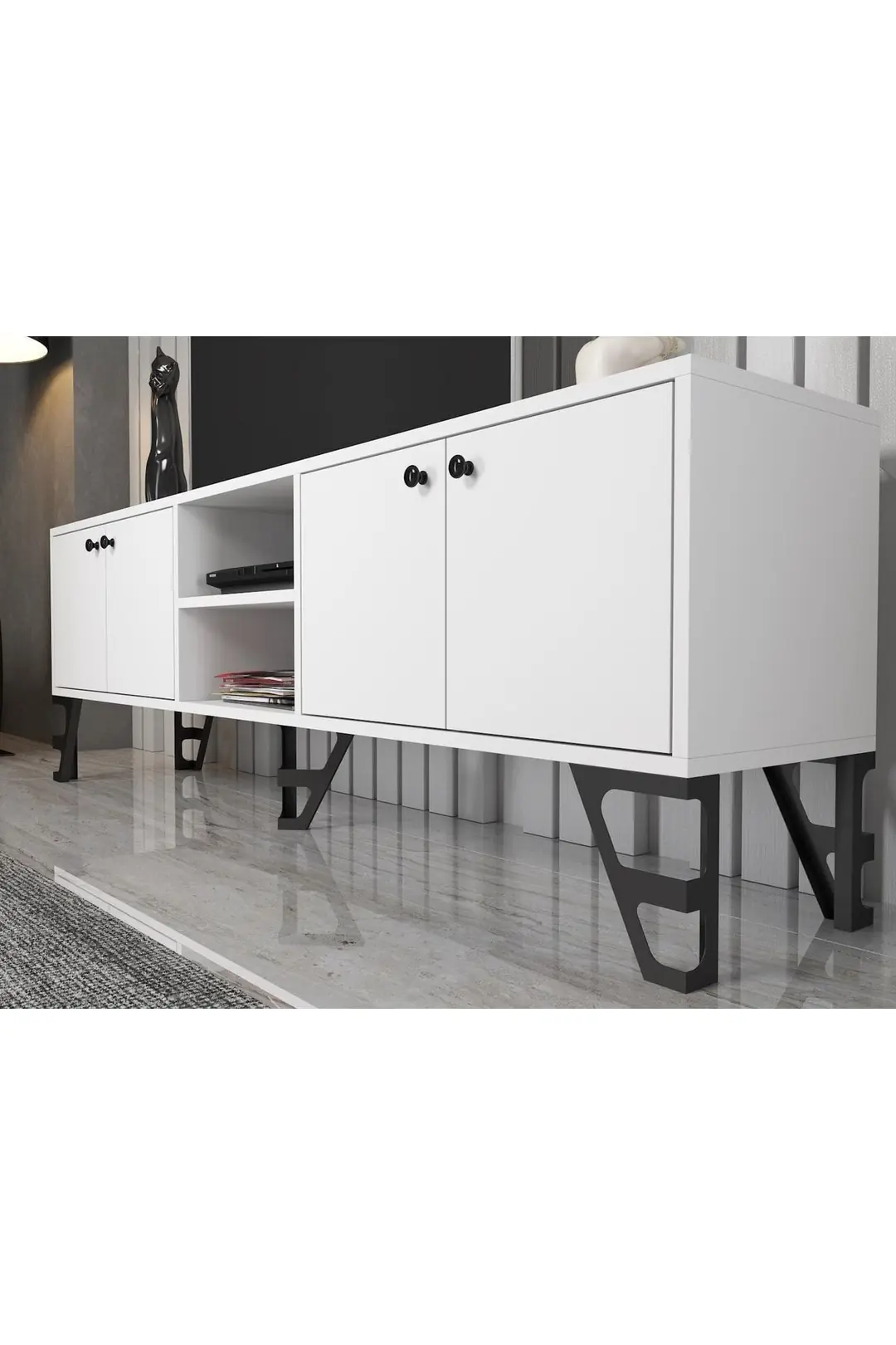 Sofia 180 Cm Metal Ayaklı Tv Ünitesi - Beyaz / Siyah